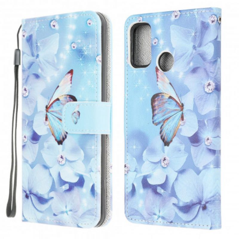 Läderfodral Moto G30 / G10 Telefonfodral Diamond Strappy Butterflies