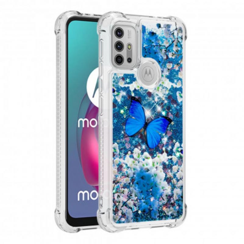 Skal Moto G30 / G10 Telefonfodral Blå Glitterfjärilar