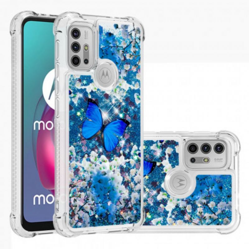 Skal Moto G30 / G10 Telefonfodral Blå Glitterfjärilar