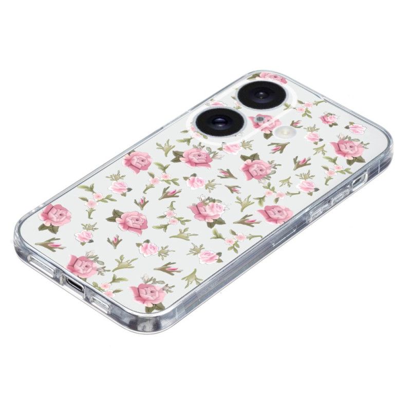 Skal iPhone 16 Transparent Edge Rosa Blommor