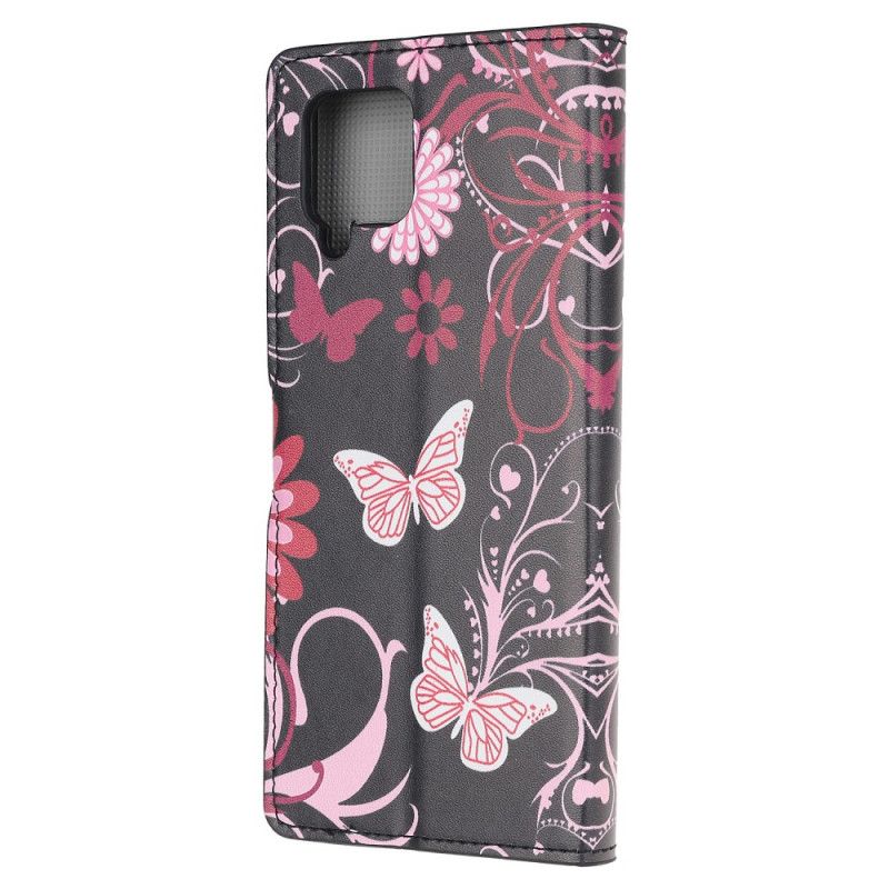 Fodral för Samsung Galaxy A12 Svart Fjärilar Och Blommor