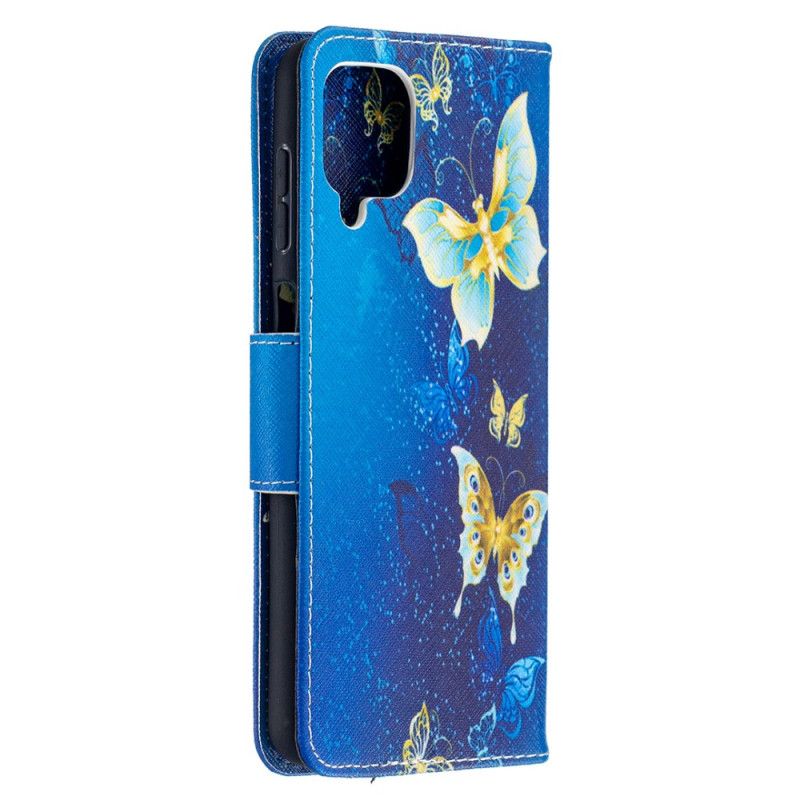 Fodral Samsung Galaxy A12 Svart Gyllene Fjärilar