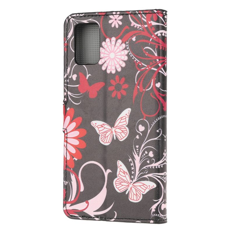 Fodral för Samsung Galaxy A52 4G / A52 5G Svart Fjärilar Och Blommor