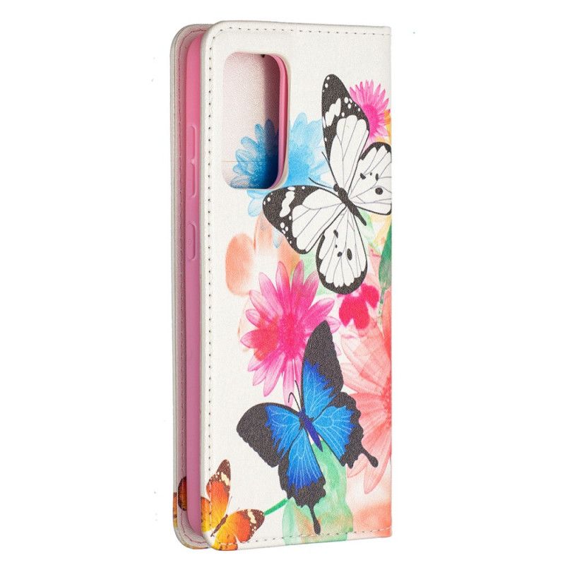 Folio-fodral Samsung Galaxy A52 4G / A52 5G Vit Färgglada Fjärilar