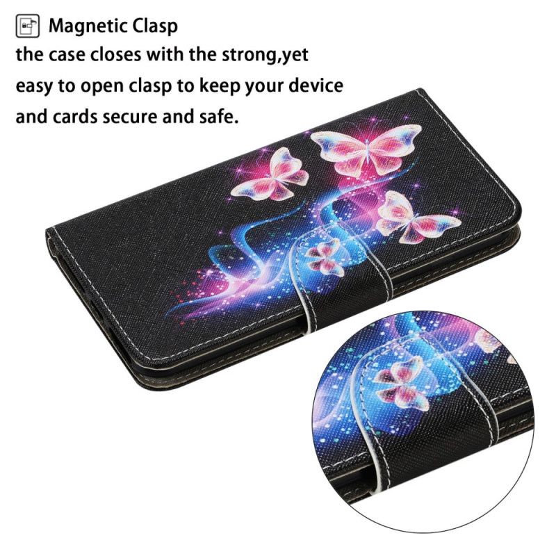 Läderfodral Samsung Galaxy A52 4G / A52 5G Magenta Mobilskal Magiska Fjärilar