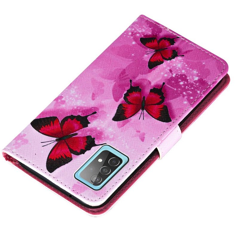 Läderfodral Samsung Galaxy A52 4G / A52 5G Magenta Texturerat Konstläderfjärilar