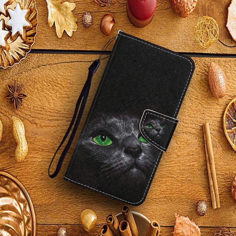 Läderfodral Samsung Galaxy A52 4G / A52 5G Mobilskal Katt Med Gröna Ögon Med Rem
