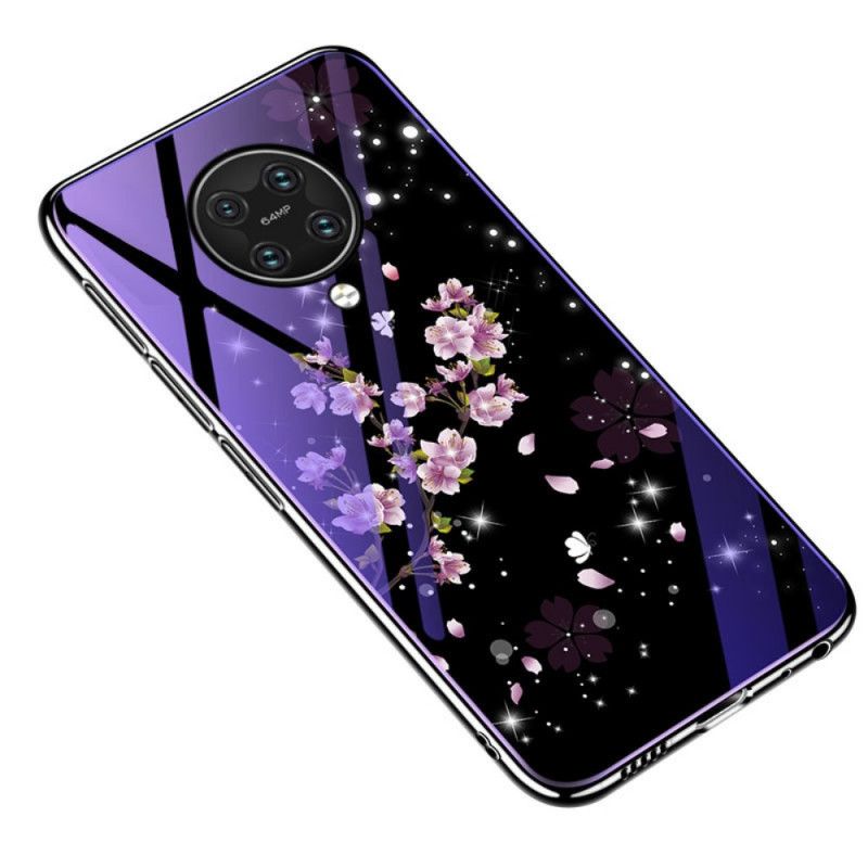 Skal Xiaomi Poco F2 Pro Lila Härdat Glas Och Blommig Silikon