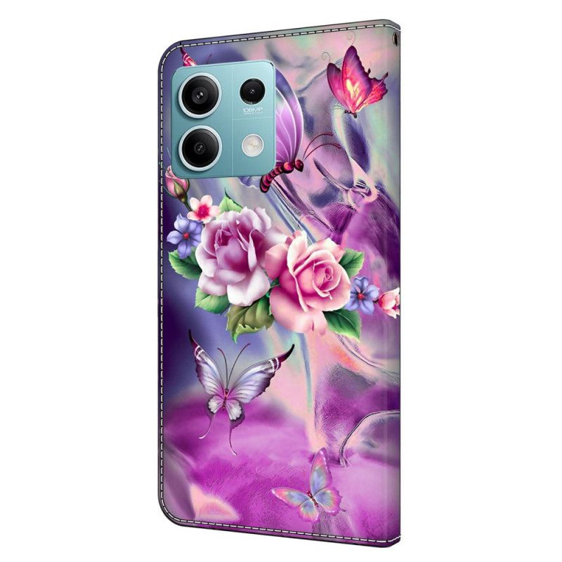 Läderfodral Xiaomi Redmi Note 13 5g Telefonfodral Lila Fjärilar Och Blommor