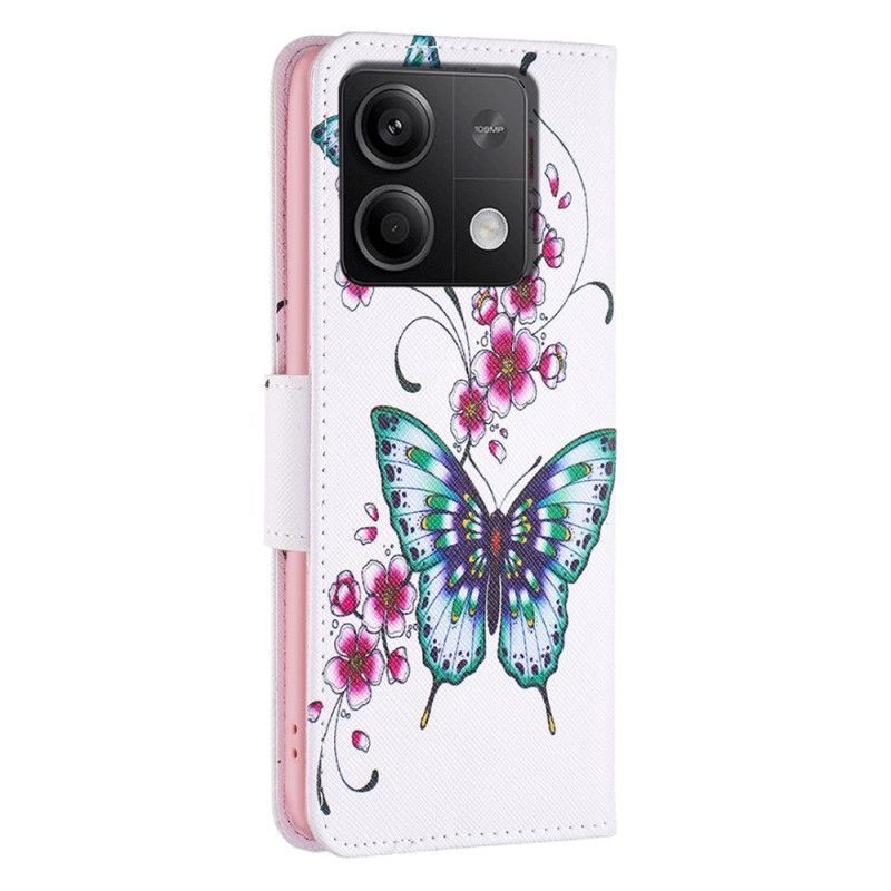 Läderskal Fodral Xiaomi Redmi Note 13 5g Blommande Persika Och Fjärilar