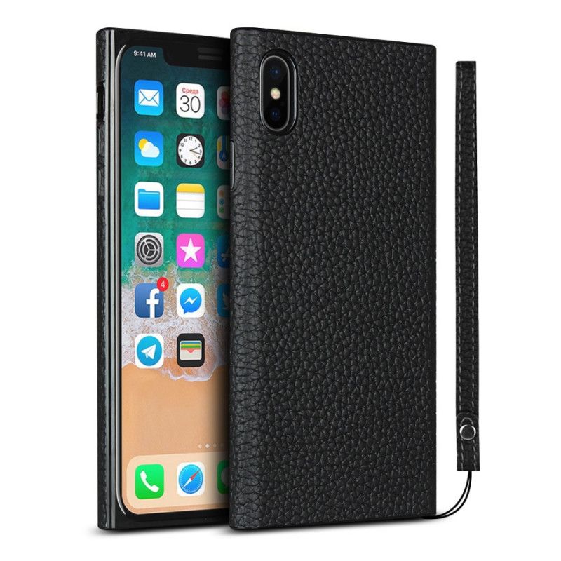 Skal iPhone XS Max Svart Äkta Litchiläder Med Rem