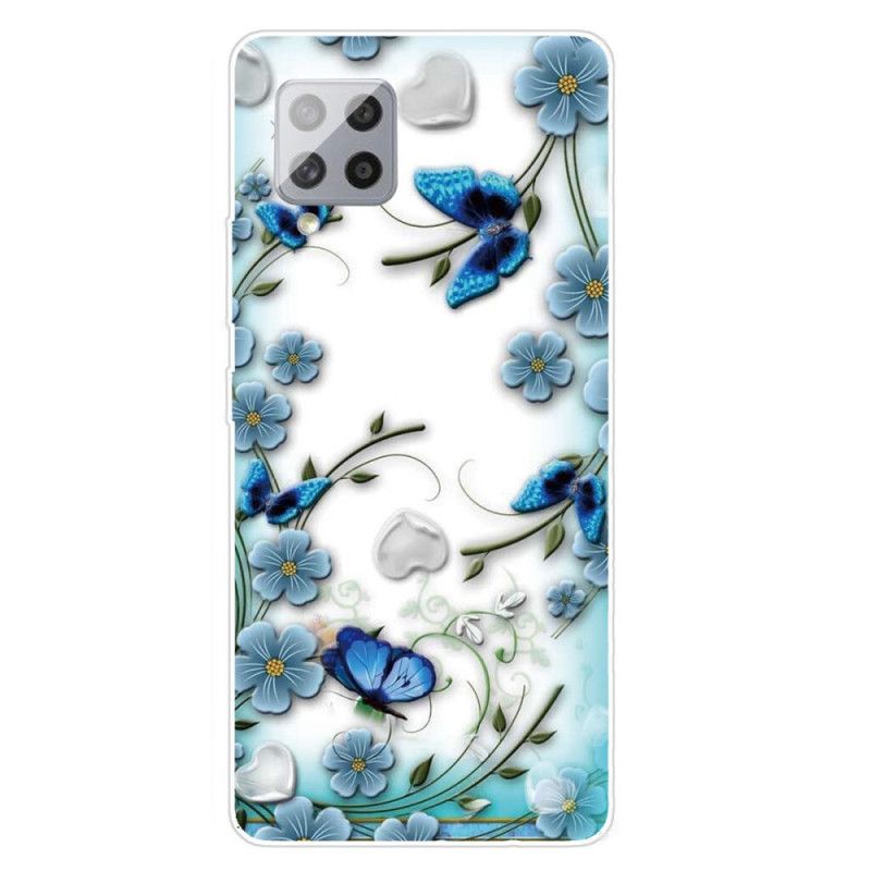 Skal för Samsung Galaxy A42 5G Genomskinliga Retro Fjärilar Och Blommor