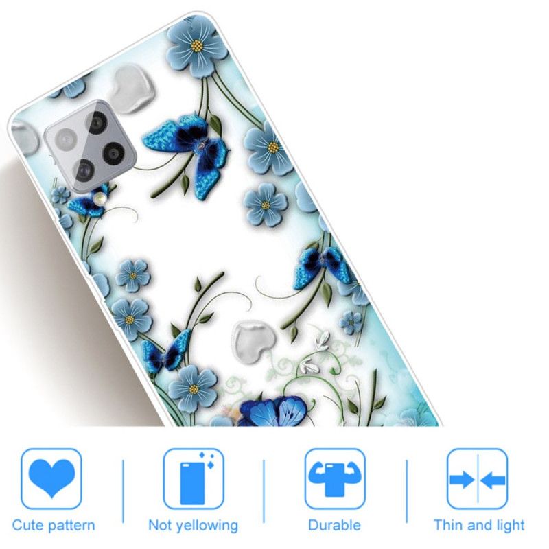 Skal för Samsung Galaxy A42 5G Genomskinliga Retro Fjärilar Och Blommor