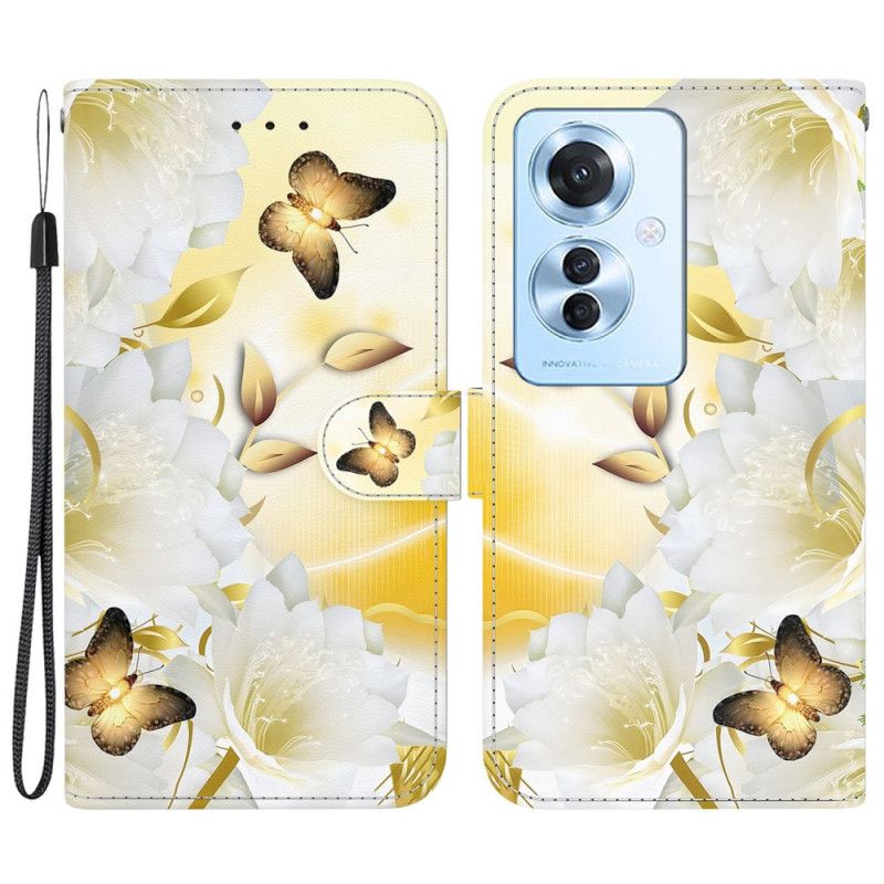 Fodral För Oppo Reno 11f 5g Gyllene Fjärilar Och Vita Blommor