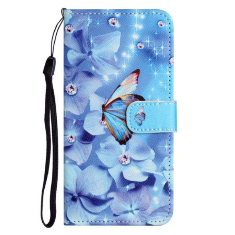 Folio-fodral iPhone 14 Plus Med Kedjar Strappy Diamond Butterflies