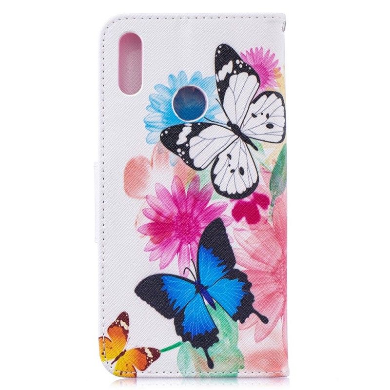 Läderfodral Huawei Y7 2019 Ljusblå Mobilskal Målade Fjärilar Och Blommor