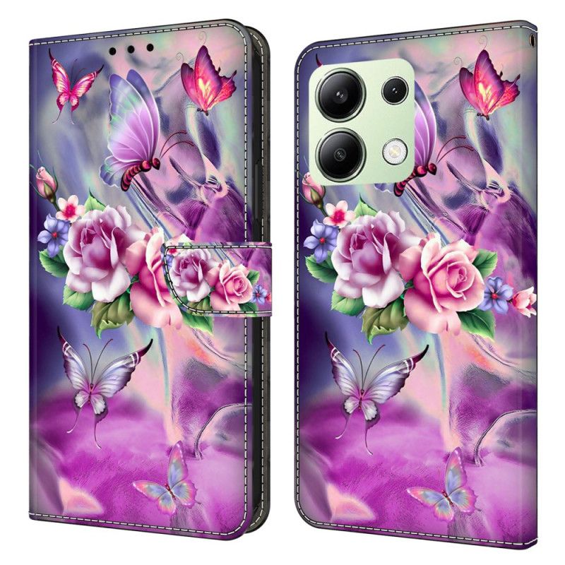 Läderfodral Xiaomi Redmi Note 13 4g Telefonfodral Fjärilar Och Violblommor