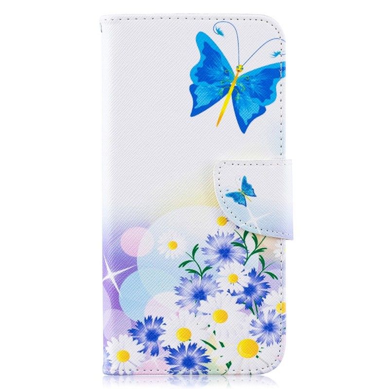 Läderfodral Samsung Galaxy A10 Rosa Målade Fjärilar Och Blommor