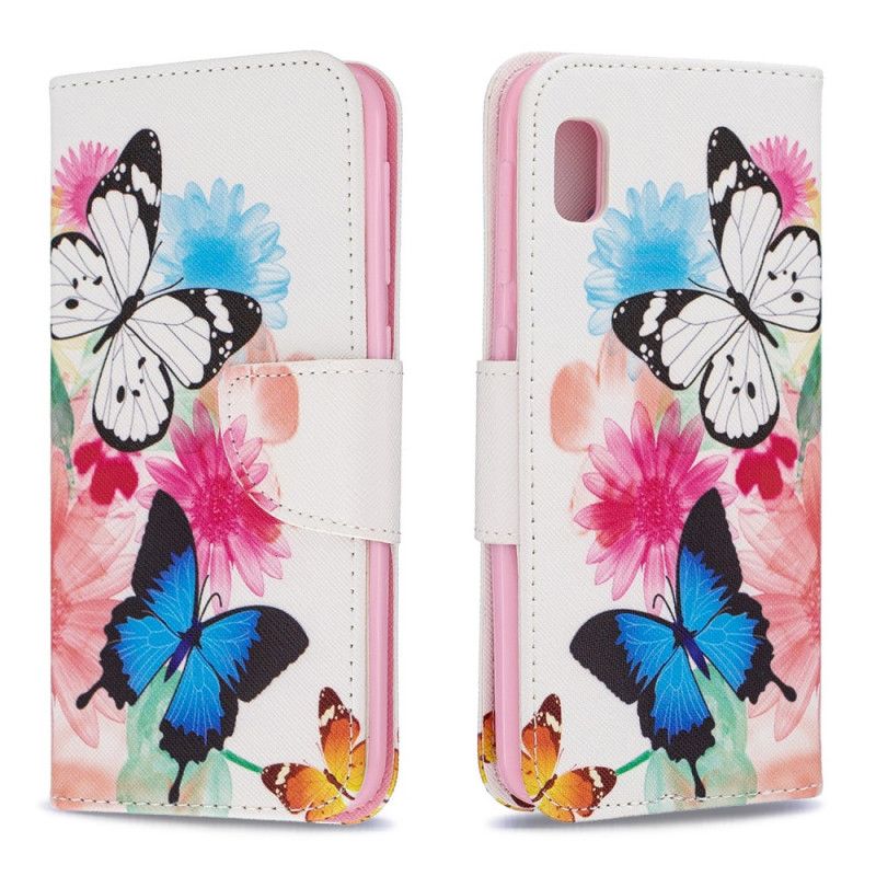 Fodral Samsung Galaxy A10e Magenta Målade Fjärilar Och Blommor