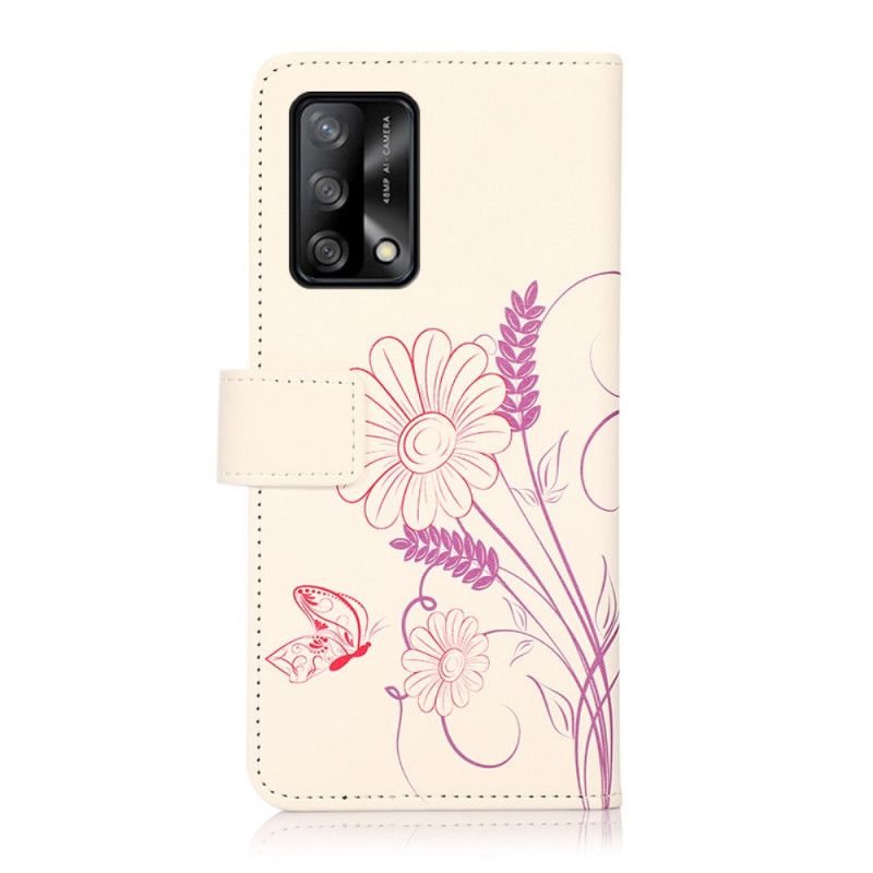 Fodral För Oppo A74 4g Rita Fjärilar Och Blommor