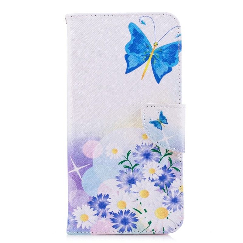 Fodral för Huawei Y7 2018 Ljusblå Målade Fjärilar Och Blommor