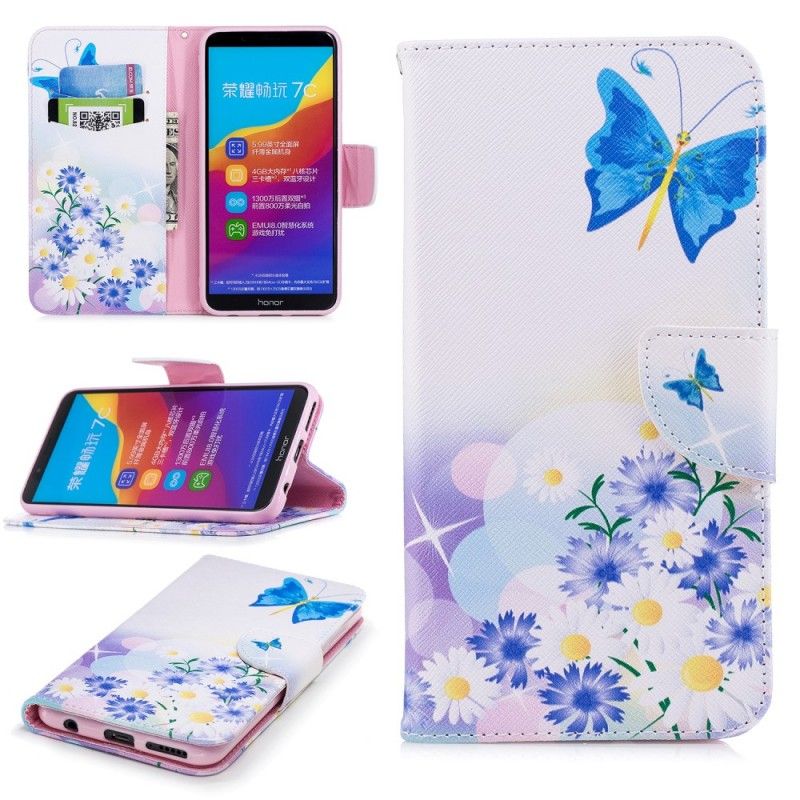 Fodral för Huawei Y7 2018 Ljusblå Målade Fjärilar Och Blommor