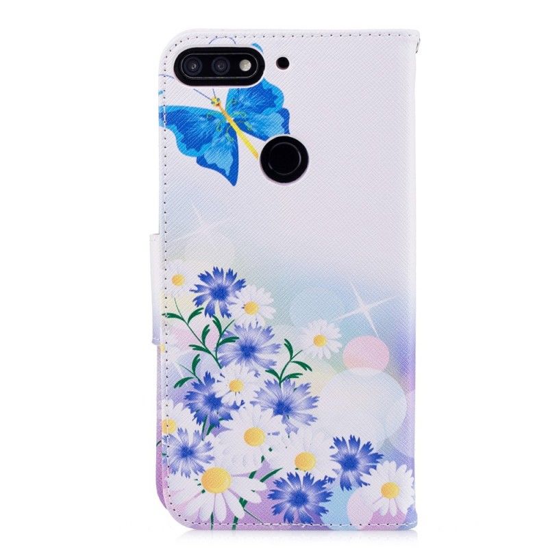 Fodral för Huawei Y7 2018 Ljusblå Målade Fjärilar Och Blommor