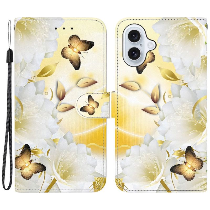 Fodral iPhone 16 Plus Gyllene Fjärilar Och Vita Blommor Med Rem