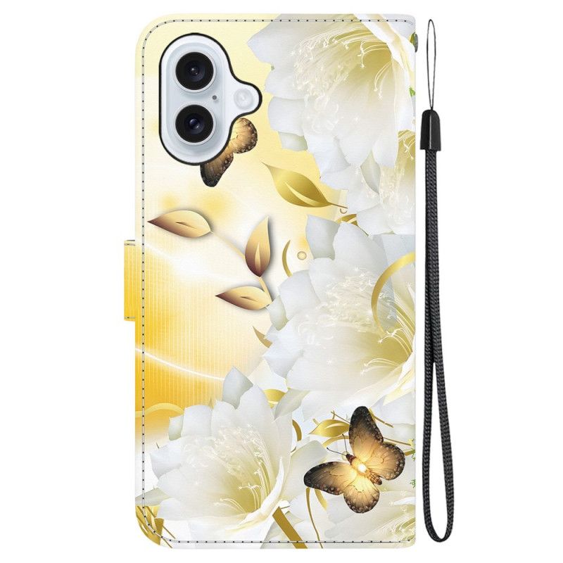 Fodral iPhone 16 Plus Gyllene Fjärilar Och Vita Blommor Med Rem