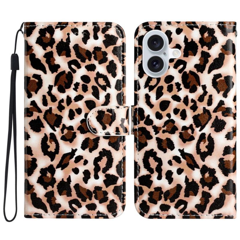 Läderfodral iPhone 16 Plus Telefonfodral Leopardmönster Med Rem