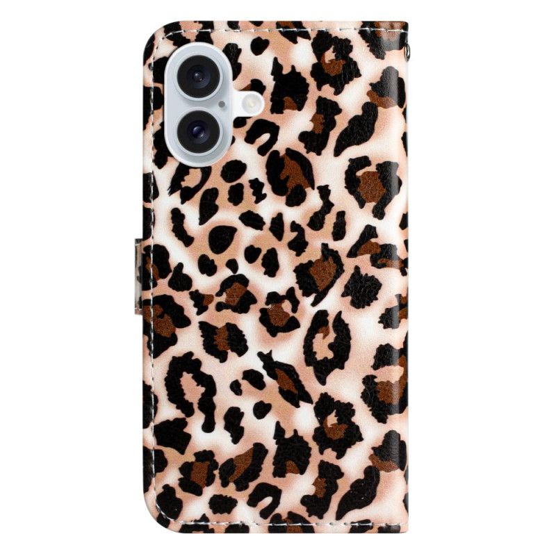 Läderfodral iPhone 16 Plus Telefonfodral Leopardmönster Med Rem