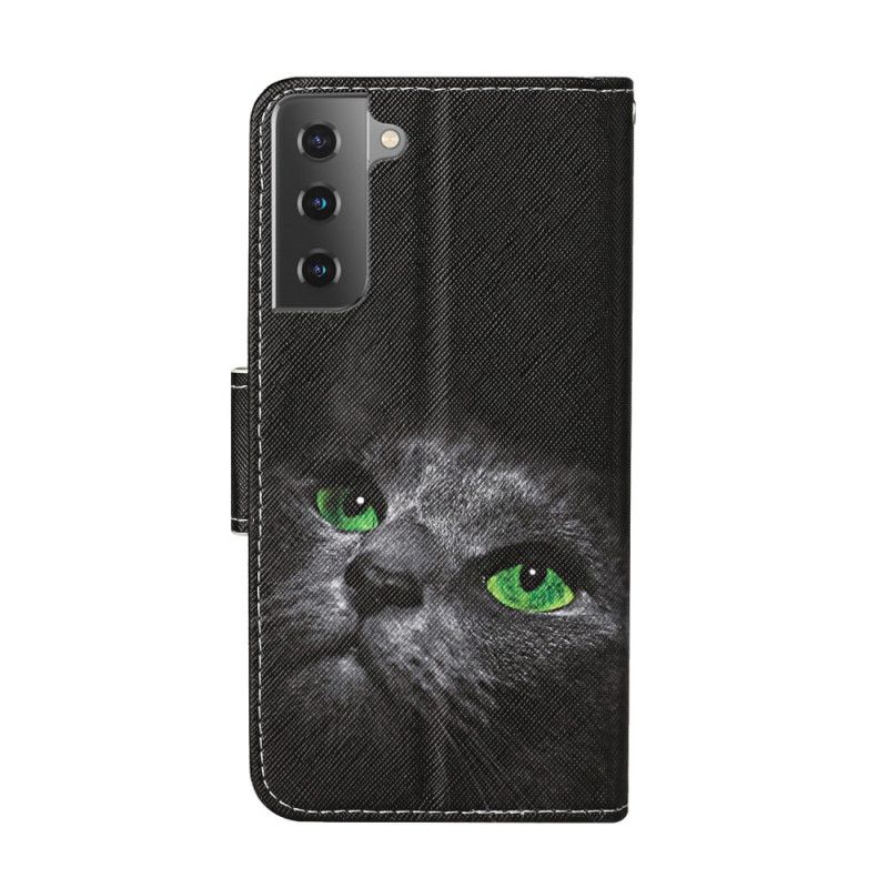 Fodral för Samsung Galaxy S21 Plus 5G Katt Med Gröna Ögon Med Rem