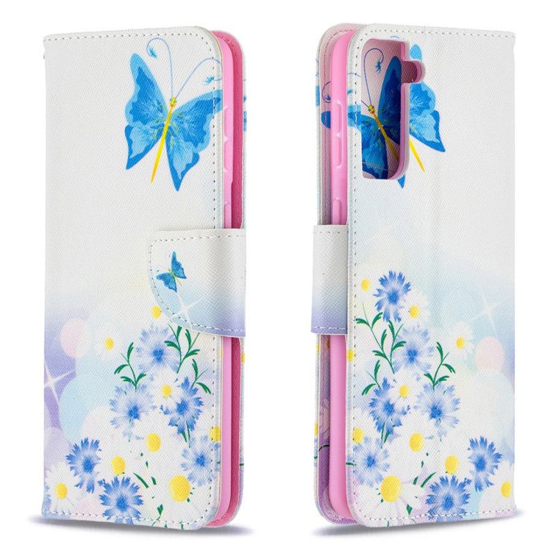 Fodral Samsung Galaxy S21 Plus 5G Magenta Målade Fjärilar Och Blommor
