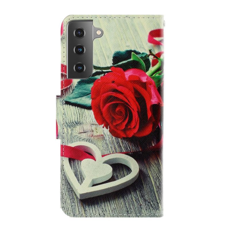 Läderfodral Samsung Galaxy S21 Plus 5G Mobilskal Romantisk Ros Med Rem