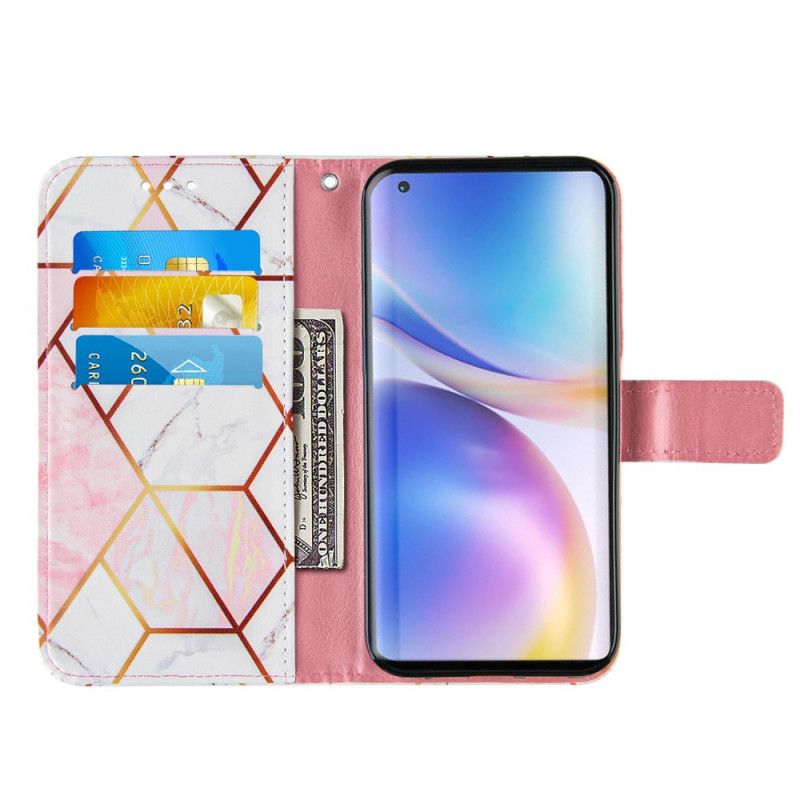 Fodral OnePlus 9 Rosa Geometrisk Marmor Med Rem