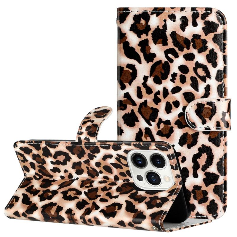 Läderfodral iPhone 16 Pro Telefonfodral Leopardmönster Med Rem