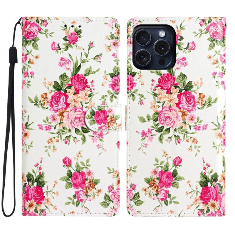 Läderskal Fodral iPhone 16 Pro Röda Blommor Med Rem