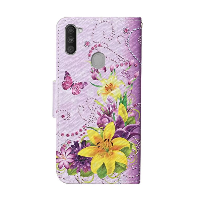 Fodral Samsung Galaxy M11 Magenta Mästerliga Blommor Med Rem