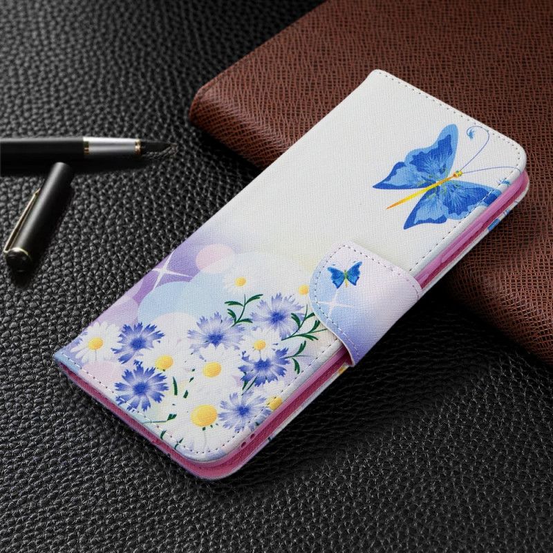 Läderfodral Samsung Galaxy M11 Magenta Mobilskal Målade Fjärilar Och Blommor