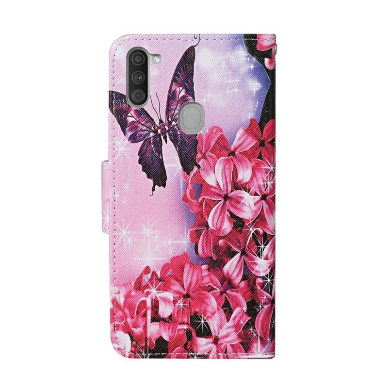 Läderfodral Samsung Galaxy M11 Magenta Mobilskal Thong Blommiga Fjärilar