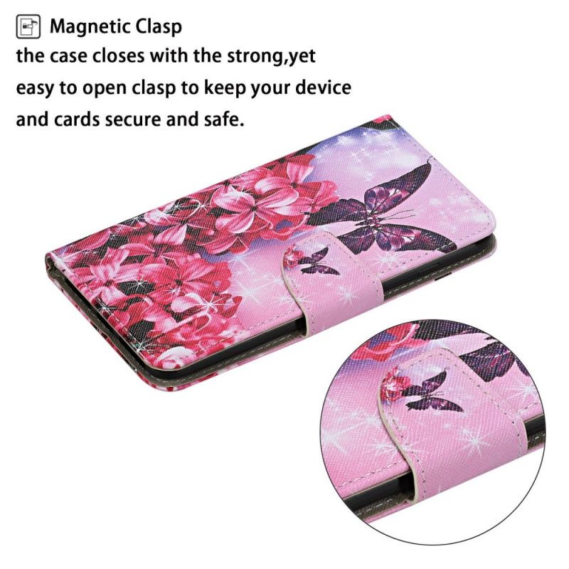 Läderfodral Samsung Galaxy M11 Magenta Mobilskal Thong Blommiga Fjärilar