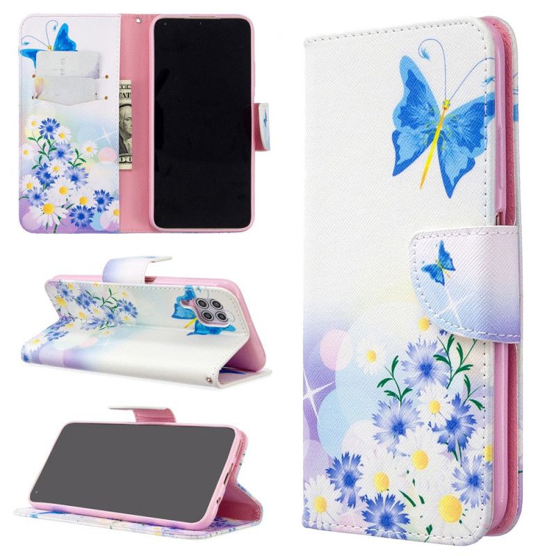 Fodral för Huawei P40 Lite Magenta Målade Fjärilar Och Blommor