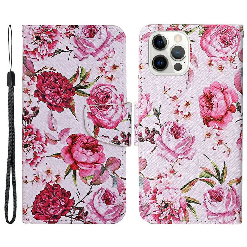 Fodral För iPhone 13 Pro Mästerliga Blommor Med Rem