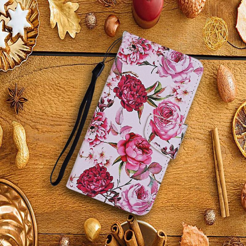 Fodral För iPhone 13 Pro Mästerliga Blommor Med Rem