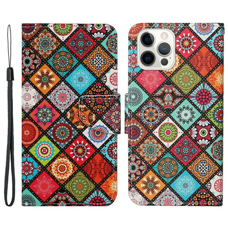 Läderfodral iPhone 13 Pro Telefonfodral Patchwork-mandalas Med Halsband