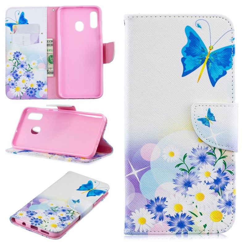 Fodral för Samsung Galaxy A30 Magenta Målade Fjärilar Och Blommor