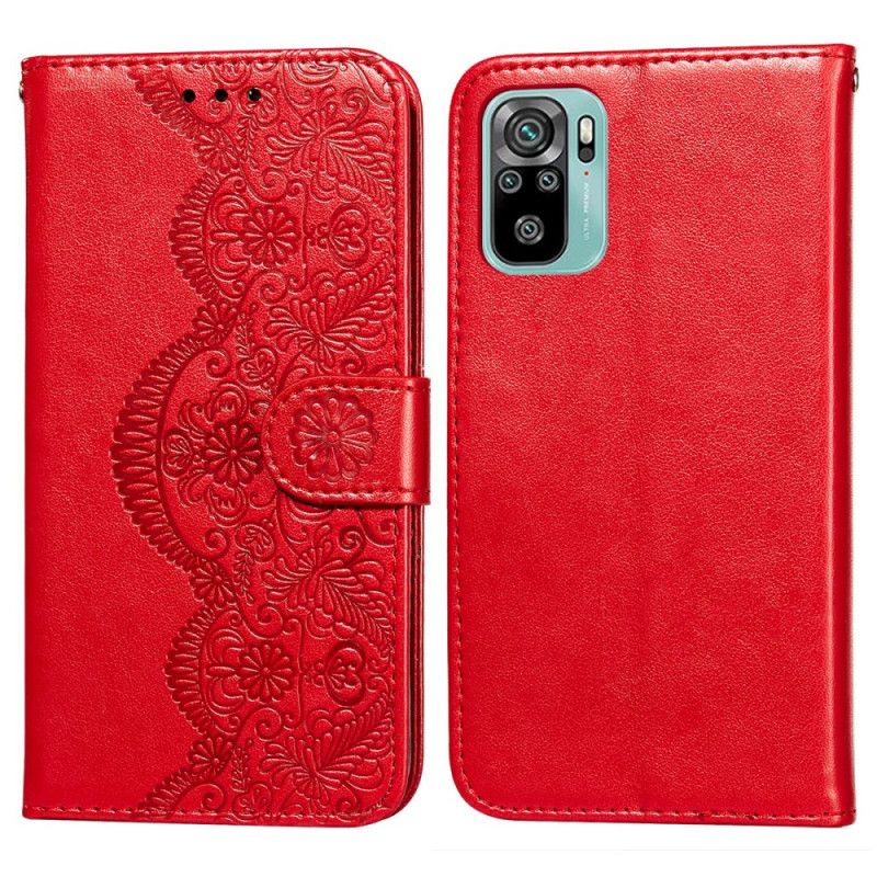 Läderfodral Xiaomi Redmi Note 10 / Note 10S Röd Mobilskal Blomma Broderitryck