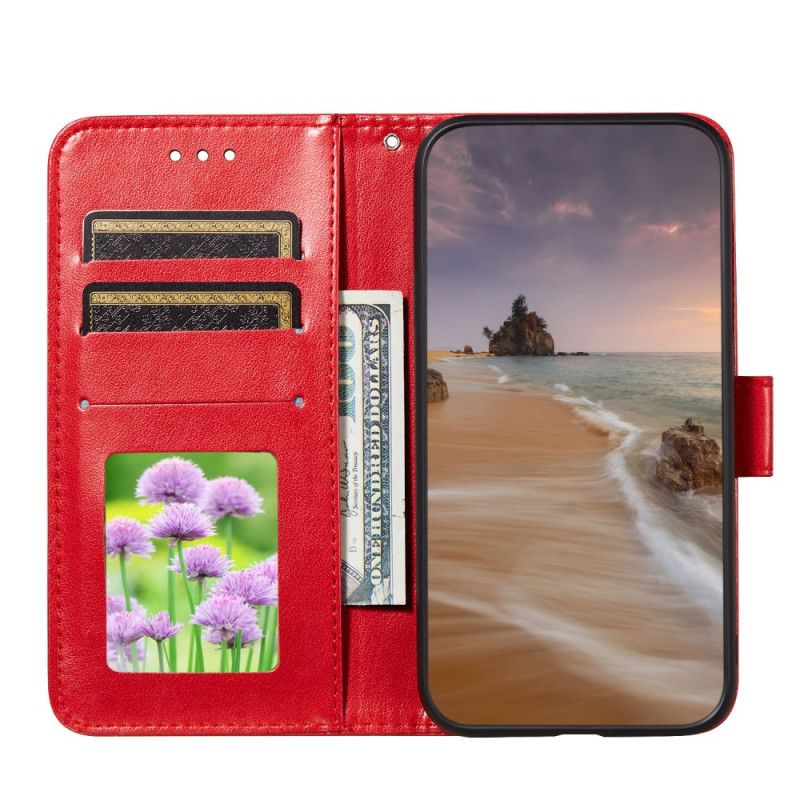 Läderfodral Xiaomi Redmi Note 10 / Note 10S Röd Mobilskal Blomma Broderitryck