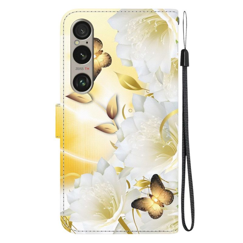 Läderfodral Sony Xperia 1 Vi Telefonfodral Gyllene Fjärilar Och Vita Blommor Med Rem