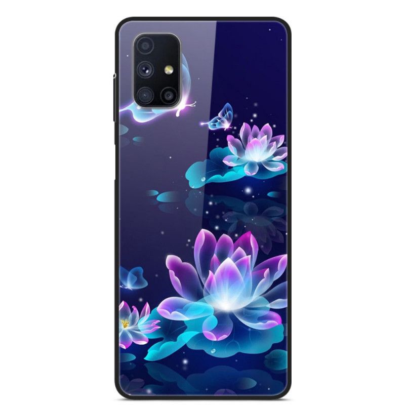 Skal Samsung Galaxy M51 Mörkblå Snygga Blommor I Härdat Glas